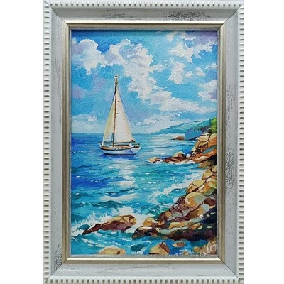Seascape oil painting  original art sailing boat realistic painting 6x4 - Image 1 of 4