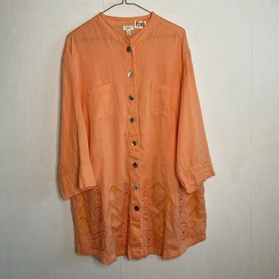 Camisa túnica Jill Love de lino jaspeado naranja 100 % lino abotonada para mujer 2X Foto 1 de 4