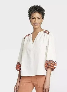 KNOX ROSE Women's Small Cream Balloon 3/4 Sleeve Woven Top Boho Southwestern - Picture 1 of 7