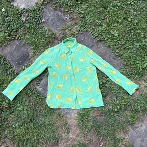 Leifsdottir Anthropologie 100% Silk Green Bird Print Button Down Blouse Sz 6 - Picture 1 of 9