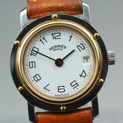 Reloj para mujer Hermes Clipper vintage fecha cuarzo esfera blanca 24 mm correa genuina Foto 1 de 4