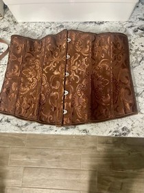 XL  Corset With Matching Thong. New Never Worn, Brown With Design &  Metal Clasp