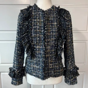 Chaqueta de tweed Ann Taylor talla 0 con volantes dorado azul fiesta de carrera - Imagen 1 de 14