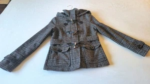 Chaqueta de tweed rosa celebridad para mujer M ajustada capucha desmontable marrón oscuro beige  - Imagen 1 de 13