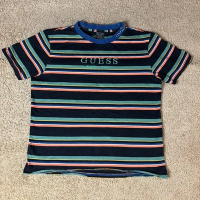 Guess Embroidered Striped Pattern T-Shirt Mens Sz S Black Orange Green Retro - Image 1 of 4