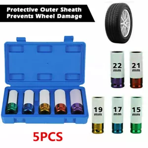 5Pcs Wheel Nut Thin Wall Deep Impact Socket Set 1/2" Drive 15mm-22mm Durable - Picture 1 of 10