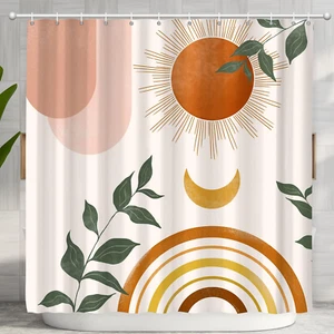 Mid Century Abstract Orange Aesthetic Shower Curtain Set 72X72 Inches with 12 Ho - Picture 1 of 12