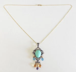 14k Yellow Gold Turquoise Multi Gemstone Chandelier Pendant Chain Necklace 18" - Picture 1 of 17