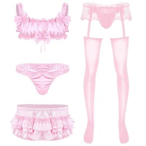Men's Sissy Silky Satin Frilly Crop Top and Ruffled Bloomers Skirted Panties - Picture 1 of 90