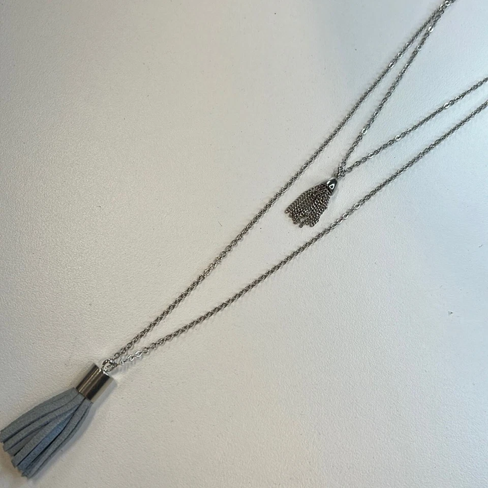 Vince Camuto Silver Tone Light Rhodium Fringe Blue Pendant Necklace