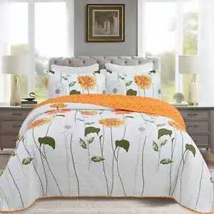 3 Piece Soft Cotton Printed Sunflower Quilt Set Lightweight Bedspread Set - Picture 1 of 18