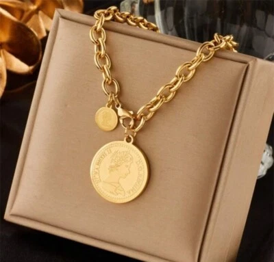 Grueso Collar Oro Cadena Moneda Medallón Mujer’s Colgante Eslabón Foto 1 de 4