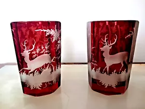 1900's Pair Of Ruby Red Cut To Clear Drinking Glasses w/ deer - Picture 1 of 5