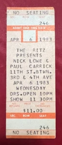 Boleto completo de concierto de Nick Lowe Paul Carrack The Ritz Nueva York 6 de abril de 1983 - Imagen 1 de 1