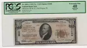 PCGS EF40 1929 Ty. I $10 Old-First NB and TC of Fort Wayne, Indiana Ch. 3285 - Picture 1 of 2