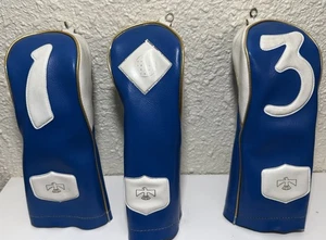 Vintage 60er Golfschläger Kopfbedeckungen Set 3 Kunstleder Gold Blau Weiß Hölzer PGA - Bild 1 von 7