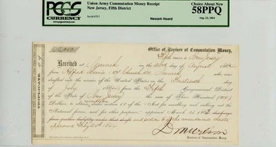 Union Army Commutation Money Receipt Aug 22 1864 PCGS AU58 PPQ - Image 1 of 2