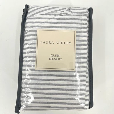Laura Ashley Queen LA Classics Ticking Gray White Striped Ruffled Bed Skirt NEW - Image 1 of 4