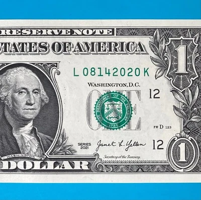 August 14, 2020 (L 08142020 K) BIRTHDAY Note $1 One Dollar Bill *UNC* - Image 1 of 4