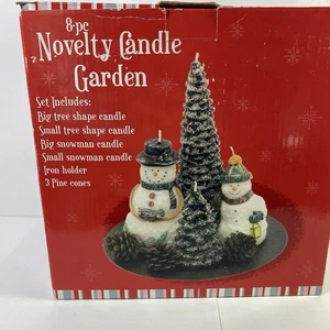 New in Box 8 Piece Novelty Winter Christmas Candle Garden Snowmen Trees Pinecone - Picture 1 of 9