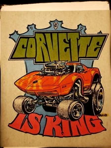 Vintage Iron On T-Shirt Heat Transfer: CORVETTE IS KING Stingray Muscle Car - Picture 1 of 3