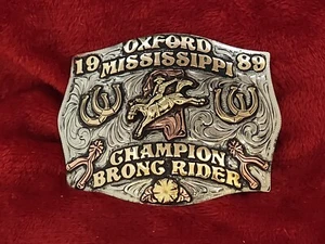 CHAMPION RODEO TROPHY BELT BUCKLE BRONC RIDER☆OXFORD MISSISSIPPI☆1989☆RARE☆R78 - Picture 1 of 12