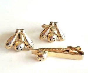 Vintage Bowling Cufflinks Set Tie Bar Gold Tn - Picture 1 of 4