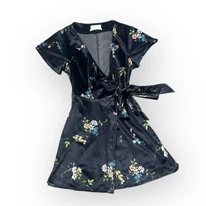 Urban Outfitters Wrap Dress Women’s XS Velvet Mini Tiger Blue Floral Garden - Picture 1 of 5
