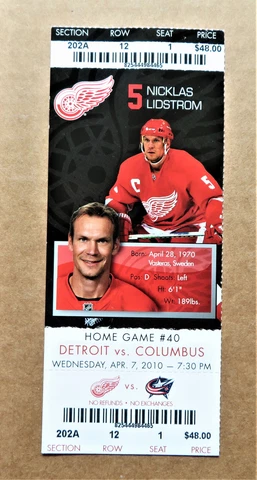 Red Wings Nicklas ticket stub Apr 7, 2010 - Wings vs Columbus Cover