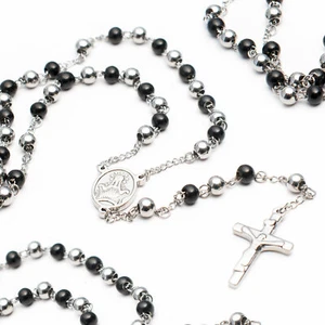 Rosenkranz Edelstahl Kette Jesus Kreuz Unisex Damen Herren Halskette Silberfarbe - Bild 1 von 3