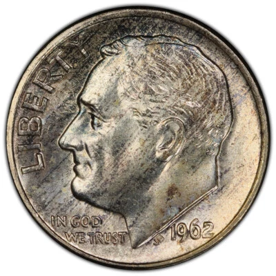 1962 Toner Roosevelt Silver Dime MS65 PCGS - Brilliant and interesting toning! - Image 1 of 2
