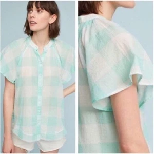Anthropologie Maeve Butterfly Sleeve Button Up Top Mint Green White Size S Layer - Picture 1 of 9