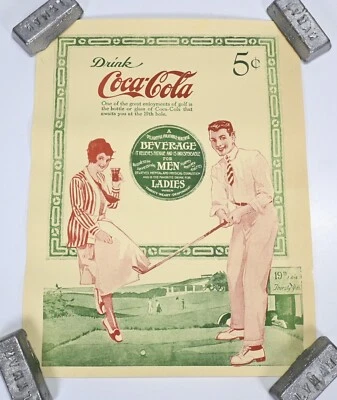 VINTAGE 1970'S COCA COLA GOLF ART POSTER PRINT 5¢ CENTS COKE ADVERTISING SODA AD - Image 1 of 2