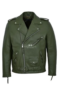 Chaqueta de cuero real de cuero de vaca oliva para motociclista clásica BRANDO para hombre MBF - Imagen 1 de 6