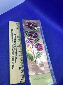 Vintage Metal Copper Patina Bookmark Flower Motif 6" Handmade St. Kitts - Imagen 1 de 2