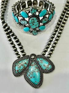 NEW gorgeous turquoise stone necklace w/matching earrings & bracelet set SALE - Picture 1 of 3