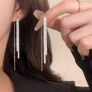 Two Lines 925 Sterling Silver Long Chain Tassel Drop Earrings for Women - Picture 1 of 17