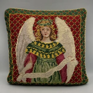 Vintage Wool Needlepoint Angel Pillow Green Velvet Back Zipper Closure 13” - Picture 1 of 12