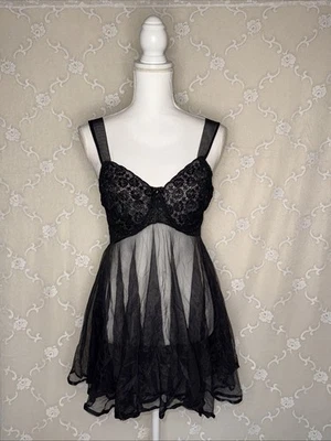 Vintage Delicates Semi Sheer Black Baby Doll Wired Lace Slip Dress X Large 36 B - Image 1 of 4