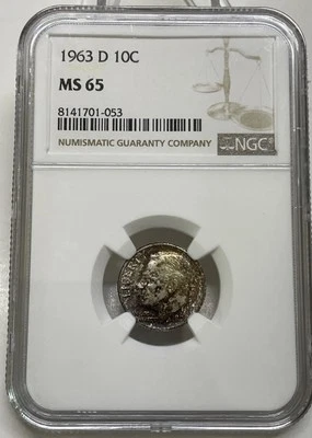 1963-D Roosevelt Dime 10c NGC MS 65 Mint State Uncirculated Coin Nice Toning - Image 1 of 4