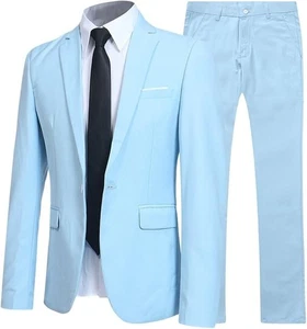 YFFUSHI Men's Light Blue Suit Slim Fit 2 Piece L 42R 36W 1 Button Notch Lapel - Picture 1 of 6