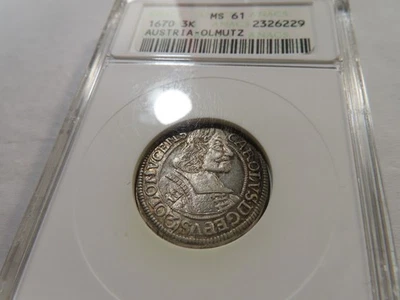 S56 Austria Olmutz 1670 Silver 3 Kreuzer ANACS MS-61 - Image 1 of 2