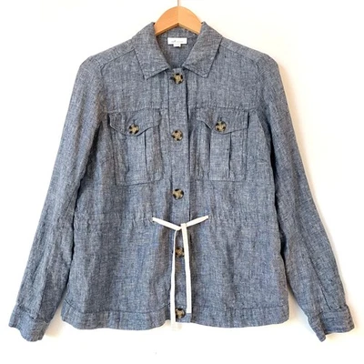 J.Jill Love Linen Womens Chambray Tie Waist Button Up Utility Jacket Blazer XS - Image 1 of 4