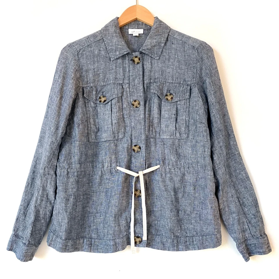 J.Jill Love Linen Womens Chambray Tie Waist Button Up Utility Jacket Blazer XS - Image 1 of 4