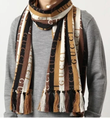 GUCCI Epílogo Unisex Logo Rayas Marrón Tostado Lana Bufanda, 37cm 180cm 634166 $450 Foto 1 de 4