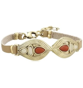 $36 Lucky Brand gold tone  colored stone tan leather  bracelet UK204 - Picture 1 of 5