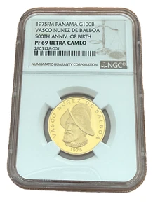 Panama 1975 FM Gold 100 Balboas NGC PF69UC Vasco Nunez De Balboa - Picture 1 of 2