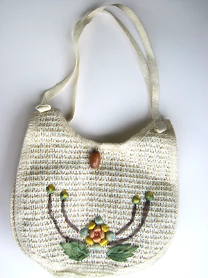 Vintage Straw Woven Purse Floral Embroidered Shoulder Hand Bag - Image 1 of 4
