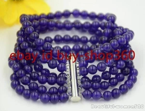 Fashion 6 Rows 6mm Purple Jade Round Gemstone Beads Bracelet 7.5'' - Picture 1 of 12
