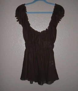 JLO JENNIFER LOPEZ 100% SILK, LINED CHESTNUT BROWN PEASANT TOP Womens Medium NWT - Picture 1 of 12